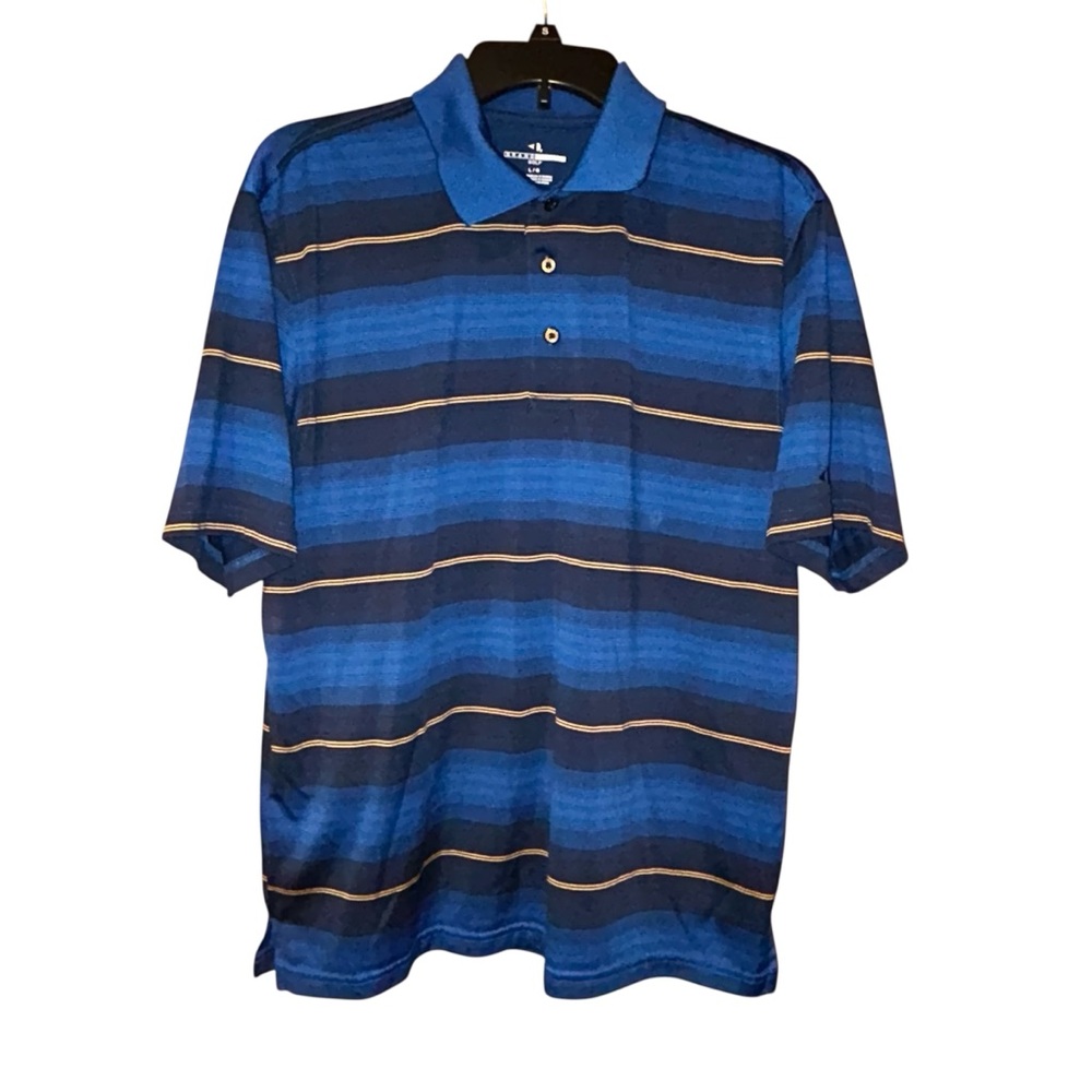 Grand Slam Golf Men’s Polo Shirt Large Blue Yellow Stripe Performance Casual